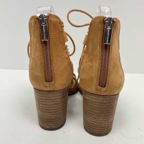 Vince Camuto | Kaiann Tan Suede Leather Lace Up Cut Out Block Heel Sandals - Picture 6 of 11